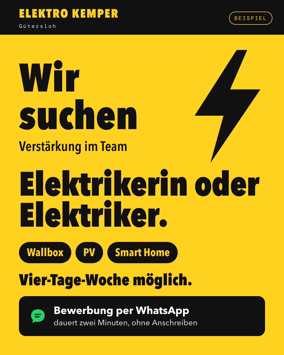 Beispielbeitrag für Elektro Kemper (erfunden): Wir suchen eine Elektrikerin oder einen Elektriker.